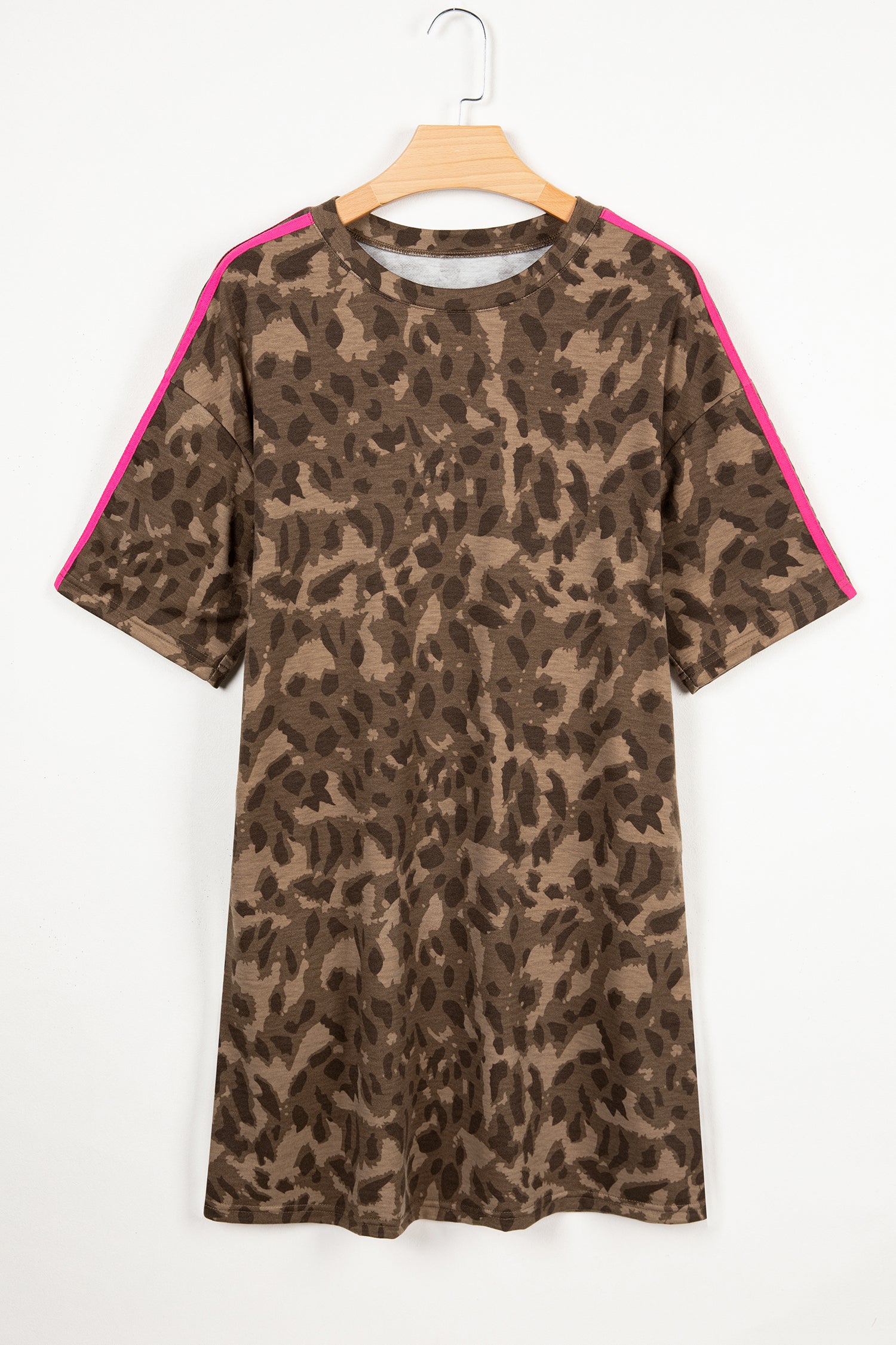 Brown Loose Contrast Striped Accent Leopard T Shirt Mini Dress with Pockets - Damesmode Afbeelding 2