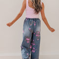 Beau Blue Floral Print Elastic Waist Pull On Casual Jeans - Damesmode Afbeelding 6 - Foto 6