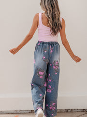 Beau Blue Floral Print Elastic Waist Pull On Casual Jeans - Damesmode Afbeelding 6 - Miniatuur