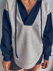 Ljusgrå färgblock-patchwork V-hals dragsko-hoodie - Miniatuur