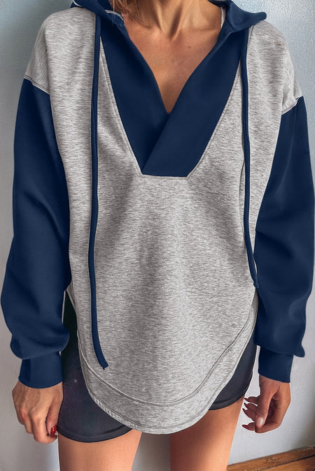 Light Grey Color Block Patchwork V Neck Capuchontrui met Trekkoord