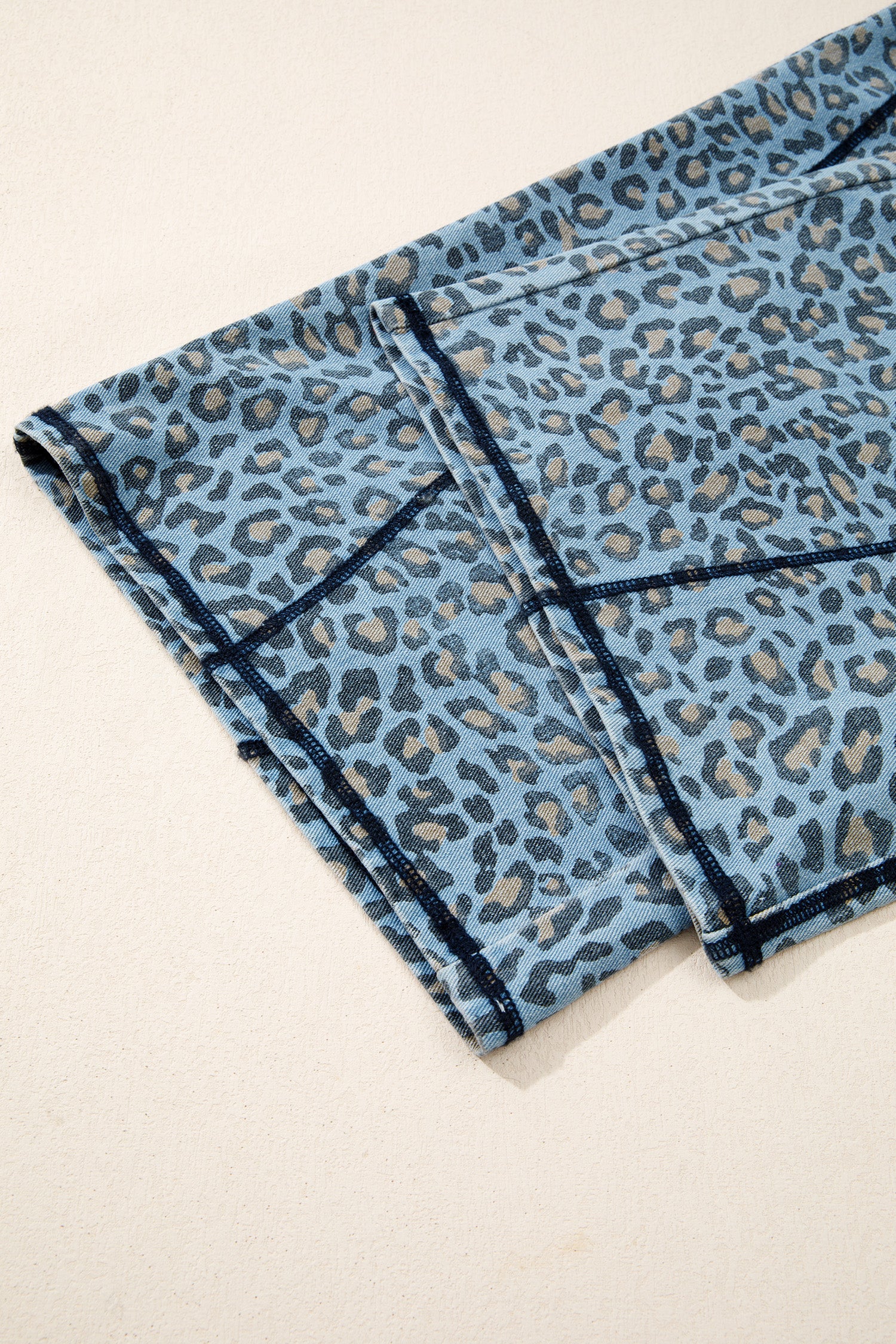 Blue Leopard Print Exposed Seam Detail Wide Leg Drawstring Jeans - Damesmode Afbeelding 5