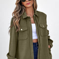 Blackish Green Solid Color Zip Up Button Flap Pocket Shirt Collar Jackets - Damesmode Afbeelding 1 - Foto 1