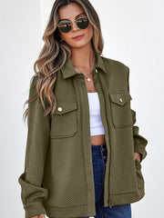 Chemise à col à boutons à fermeture éclair vert-vert noirâtre unie - Damesmode Afbeelding 1 - Miniatuur