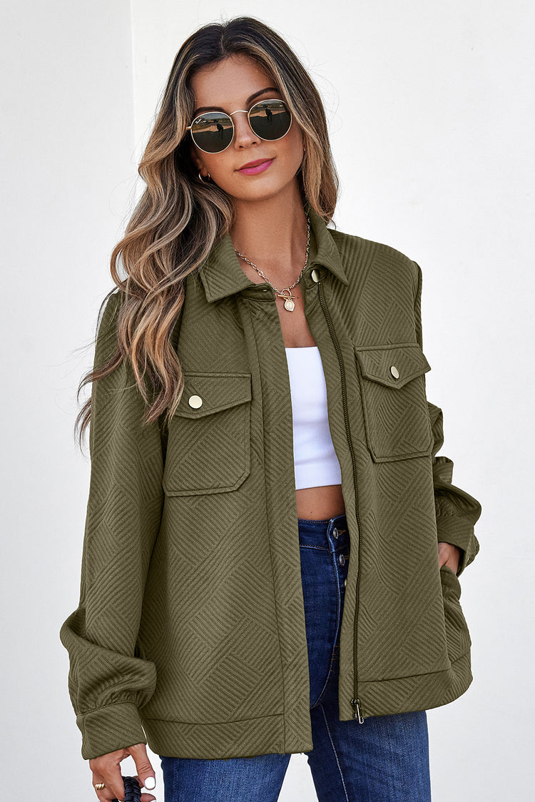 Blackish Green Solid Color Zip Up Button Flap Pocket Shirt Collar Jackets - Damesmode Afbeelding 1 - Damesmode