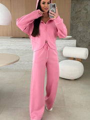 Rosa einfarbiger Hoodie-Hoodie mit Kordelzug und lockerer Hose - Miniatuur