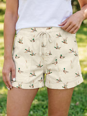 Beige Wild Duck Mallard Printed with Drawstring Denim Shorts - Miniatuur