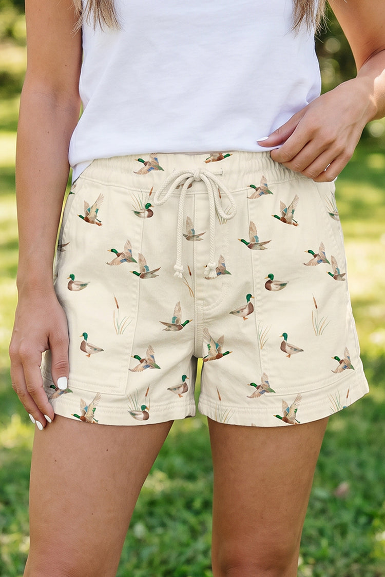 Beige Wild Duck Mallard Printed met Trekkoord Spijkerstof Shorts - Damesmode