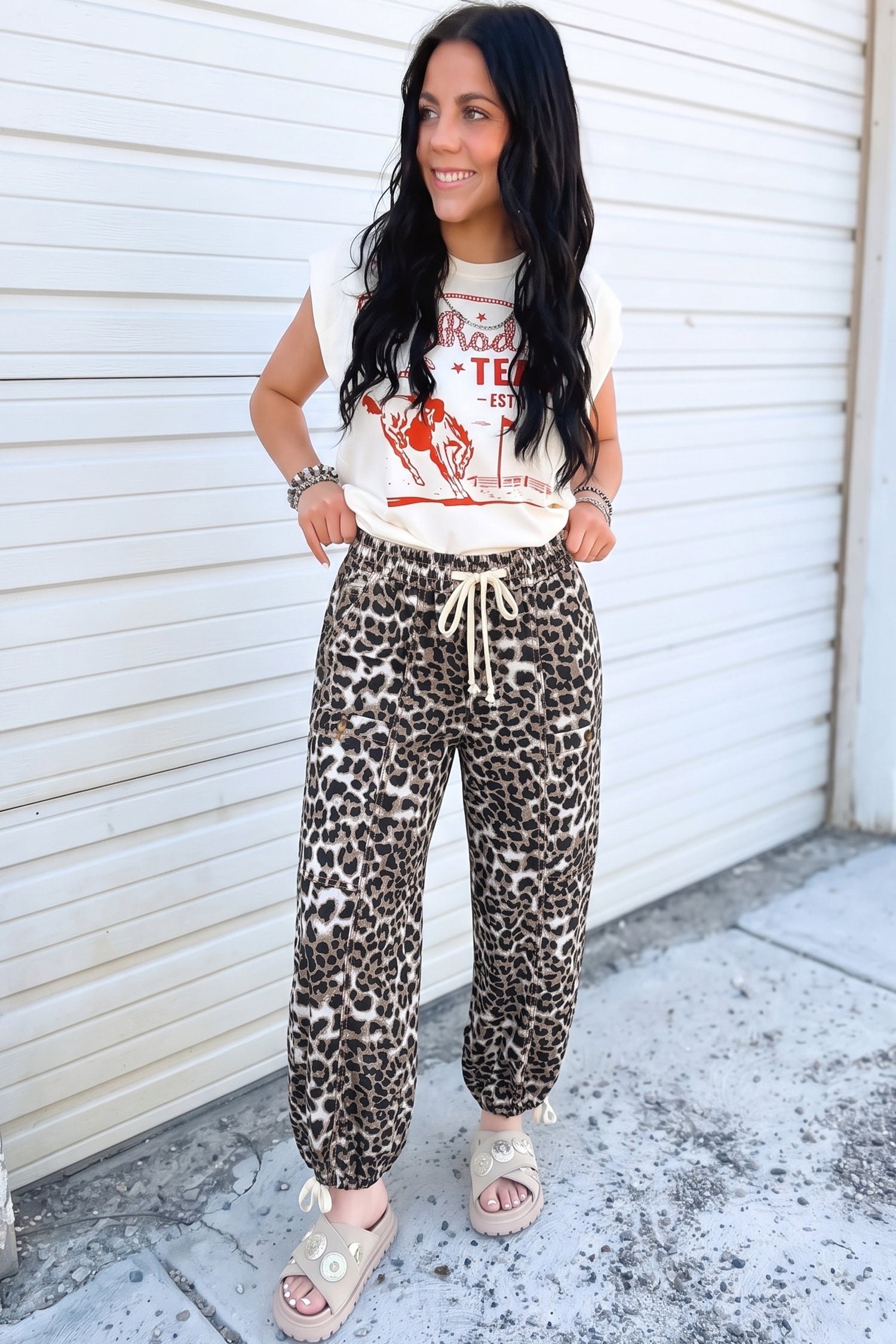Black Leopard Print Drawstring Jogger Jeans - Women's Fashion Image 3