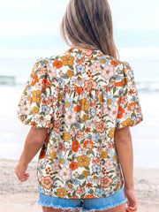 Camicetta a fiori boho a maniche a sbuffo all'uncinetto a V a crono - Miniatuur