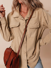Helles französisch-beige Solid Rüschen-Taschen-Button-Up Cord-Shacket - Miniatuur