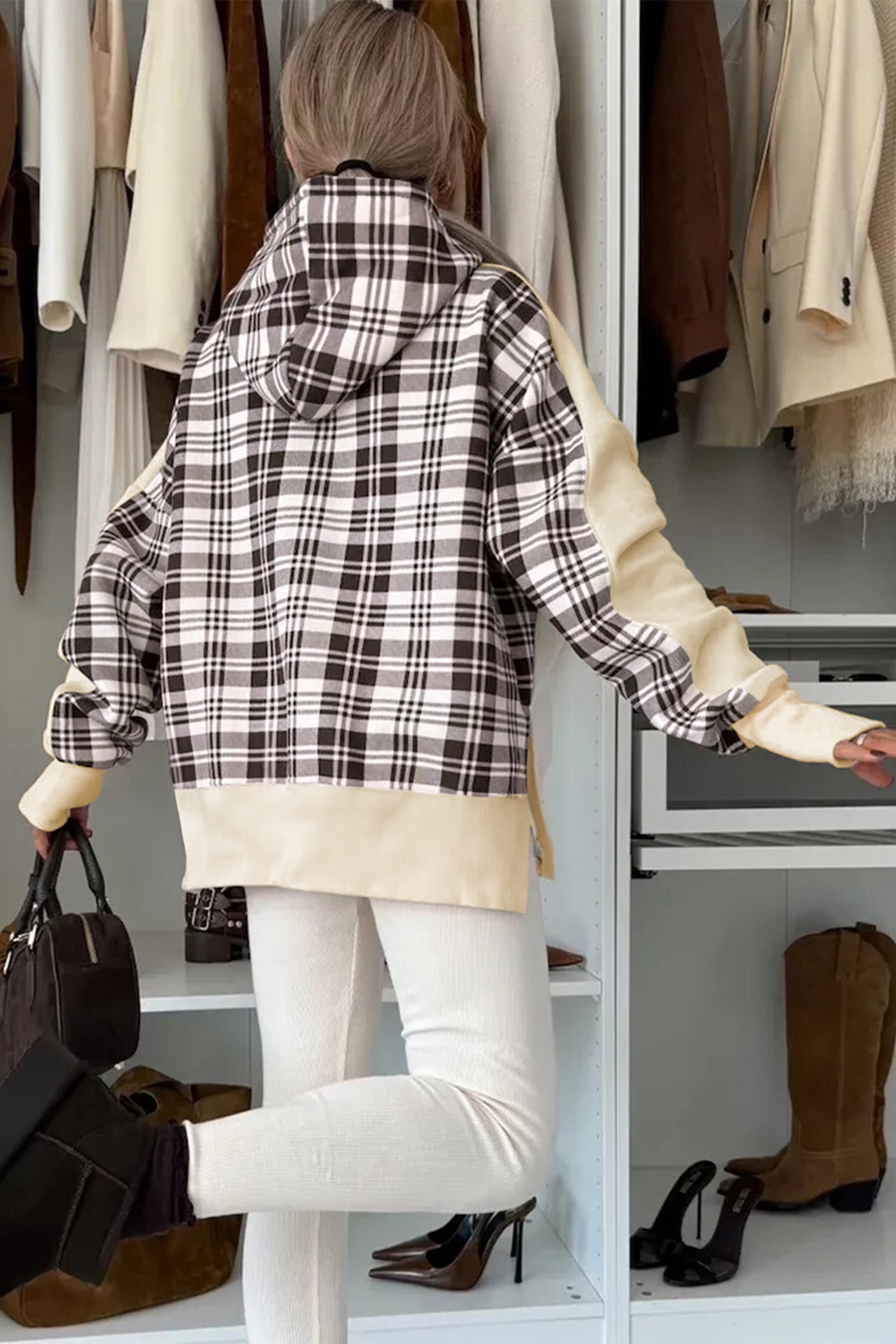 Chicory Coffee karierter Patchwork Hoodie mit seitlichem Schlitz