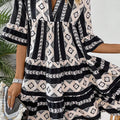 Black Geometric Print V Neck Ruffled Dress - Damesmode Afbeelding 4 - Foto 4