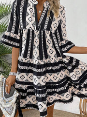 Black Geometric Print V Neck Ruffled Dress - Damesmode Afbeelding 4 - Miniatuur