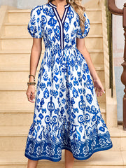 Himmelblaues, florales Puff-Kleid mit V-Ausschnitt und hohem Taille Maxi-Kleid - Miniatuur