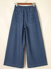 Sky Blue Polka Dot Print Button Pleated Detail Wide Leg Jeans - Miniatuur