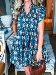 Blo Retro Blummenprint Split Neck Rüschen Kuerzärmelkleed - Damesmode Afbeelding 7 - Miniatuur