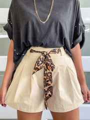 Oatmeal Leopard Contrast Sash Belt Pleated Wide Leg Shorts - Miniatuur