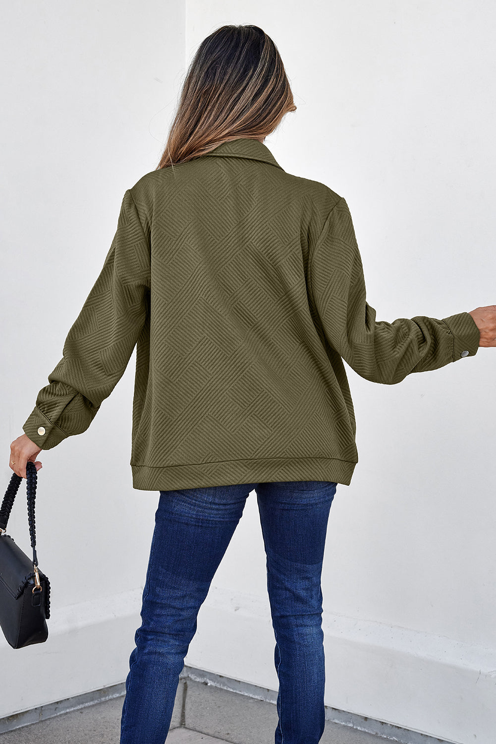Blackish Green Solid Color Zip Up Button Flap Pocket Shirt Collar Jackets - Damesmode Afbeelding 2