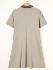 Beige kortærmet rib denim patchwork polokravekjole - Damesmode Afbeelding 6 - Miniatuur