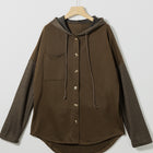Dark Brown Button Up Contrast Knitted Sleeves Hooded Jacket - Thumbnail