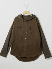 Dark Brown Button Up Contrast Knitted Sleeves Hooded Jacket - Miniatuur