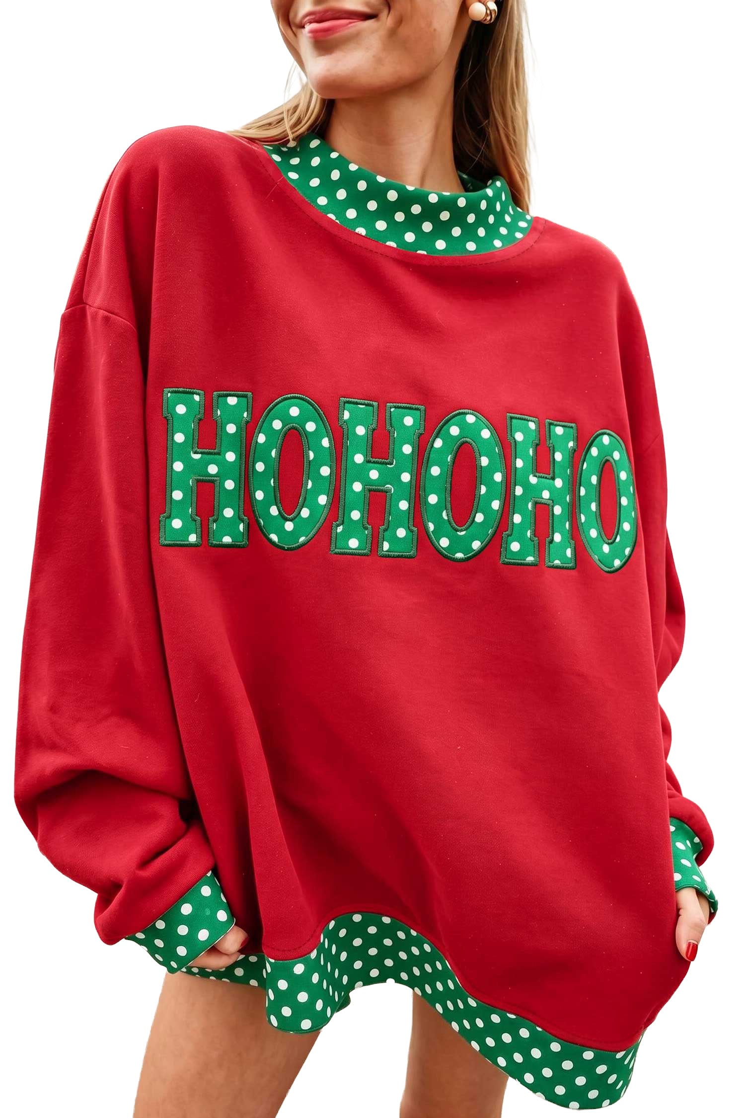Sweat à manches à pois à pois contrasté avec un col faux à motifs rouges flamboyants