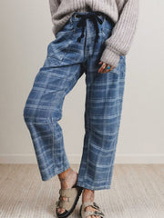 Sky Blue Plaid Denim Grommet Drawstring Waist Ankle-Length Jeans - Miniatuur