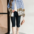 Khaki Plaid Patchwork Buttoned Oversized Denim Jacket - Foto 5