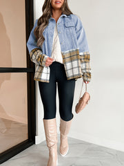Khaki Plaid Patchwork Buttoned Oversized Denim Jacket - Miniatuur