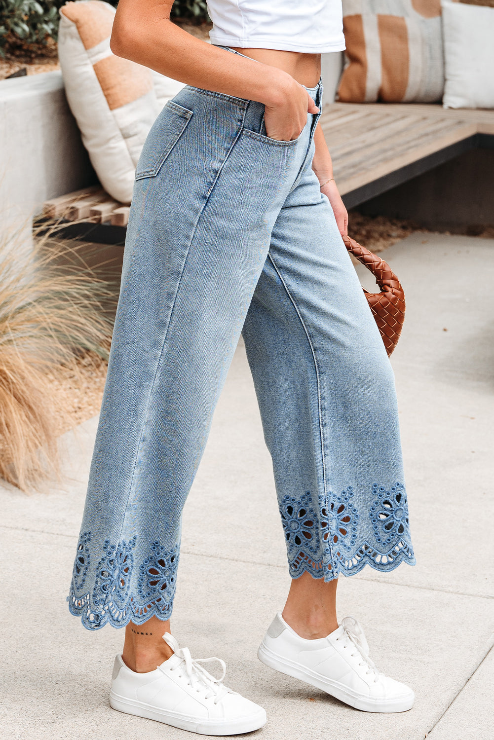 Jeans taille haute brodés à jambes larges brodés de tailles longues bleu crépuscule