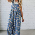 Blue Vintage Rose Printed Pleated Loose Denim Overall Jumpsuit - Damesmode Afbeelding 5 - Foto 5