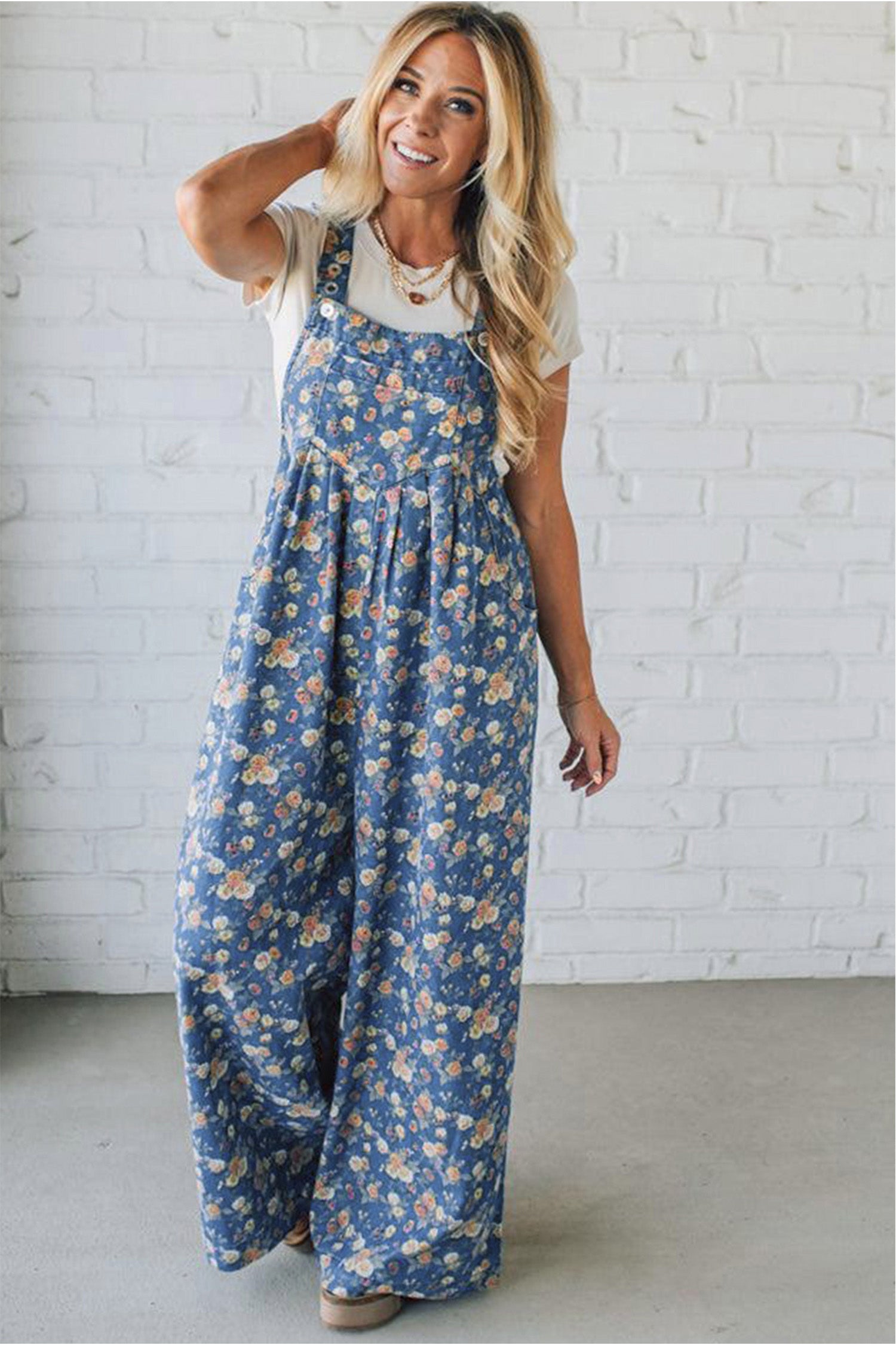 Blue Vintage Rose Printed Pleated Loose Denim Overall Jumpsuit - Damesmode Afbeelding 5