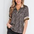 Khaki Leopard Print Half Zip Striped Trim Patchwork Short Sleeve Top - Foto 2