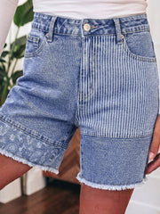 Sky Blue Striped Paisley Mixed Patchwork Raw Hem Denim Shorts - Miniatuur