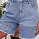 Himmelblau gestreifte Paisley-Mix-Patchwork-Rohhem-Jeansshorts