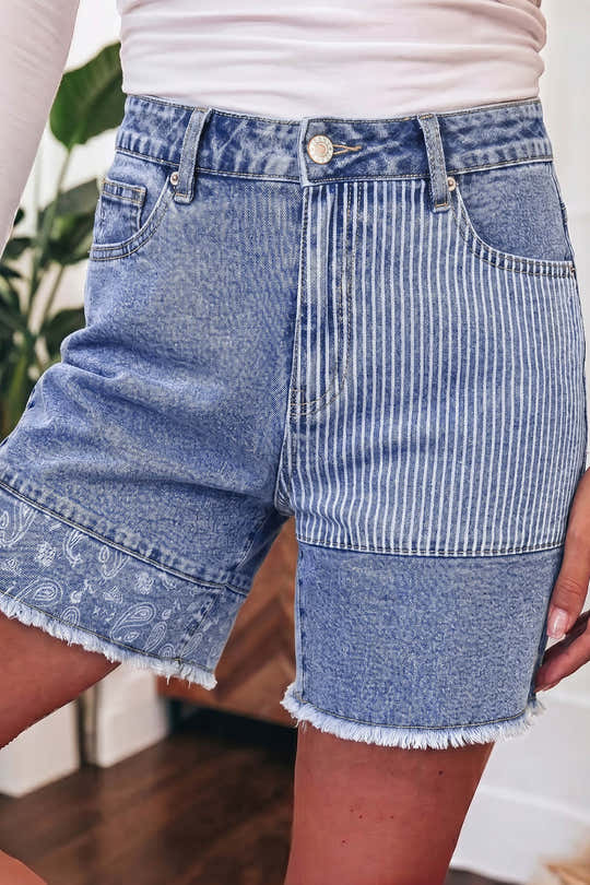 Sky Blue Striped Paisley Mixed Patchwork Raw Hem Denim Shorts