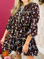 Robe à décolleté en V à imprimé floral marron - Damesmode Afbeelding 4 - Miniatuur