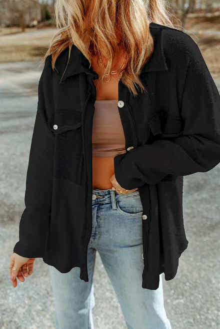 Black Contrast Flap Pockets Relaxed Shacket - Women's Fashion Image 1