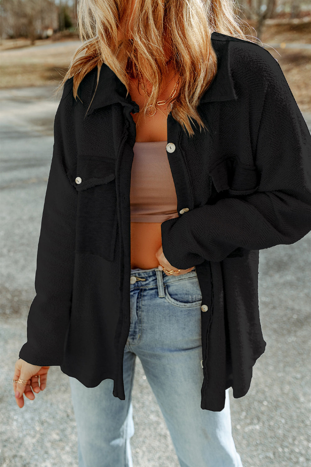 Black Contrast Flap Pockets Relaxed Shacket - Damesmode Afbeelding 1