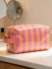 Fiery Red PVC Striped Cosmetic Bag Durable Zipper Handle Travel Organizer - Miniatuur