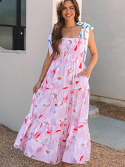Maxi robe smock à épaules nouées à imprimé fleur rose - Miniatuur