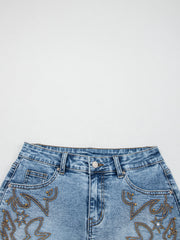 Dusk Blue Western Embroidery Stud Denim Shorts Summer Daily Wear - Miniatuur