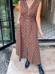 Schwarzer Polka-Punkt-Print Kontrast V-Ausschnitt Ärmelloses Kleid mit Reißverschluss – Damesmode Afbeelding 4 - Miniatuur