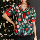 Green Christmas Fashion Print Contrast Trim Frilled Neck Short Sleeve Blouse - Thumbnail