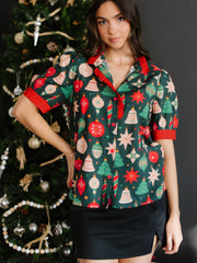 Green Christmas Fashion Print Contrast Trim Frilled Neck Short Sleeve Blouse - Miniatuur