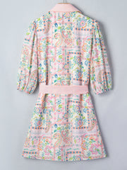 Pink Boho Floral Print Color Block Trim Half Button Belted Mini Dress - Miniatuur