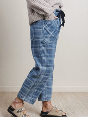 Sky Blue Plaid Denim Grommet Drawstring Waist Ankle-Length Jeans - Miniatuur