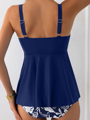 Navy Blue Spaghetti Straps Contrasted Ricrac Trim Flared Tankini 2pcs Swimsuit - Miniatuur