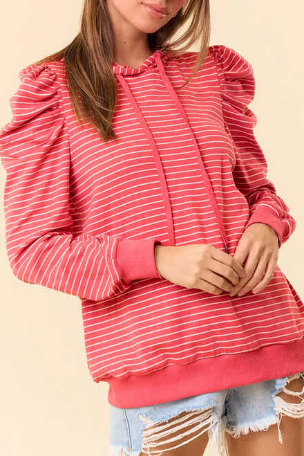 Red Stripe Puff Sleeve Stripe Hoodie